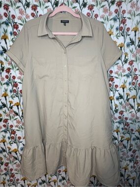 Madison Neutral Beige Button-Front Ruffle Hem Shirt Dress